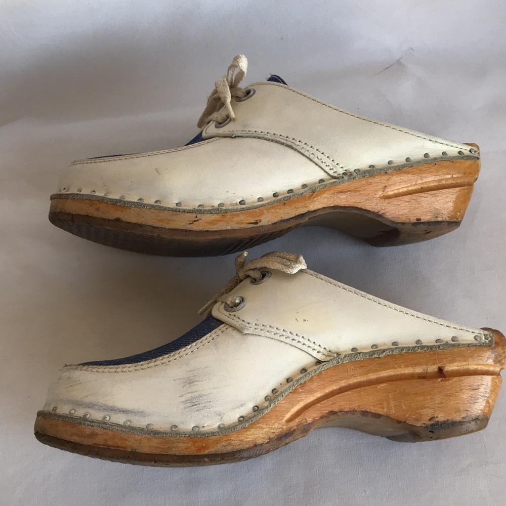 Vintage cream and denim wood-based clogs, size 6.5 - Picture 7 of 7